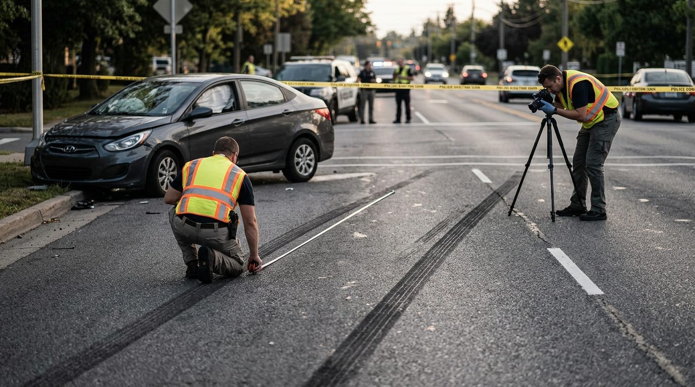 Forensic team documenting skid marks and vehicle positions at accident scene after collision.