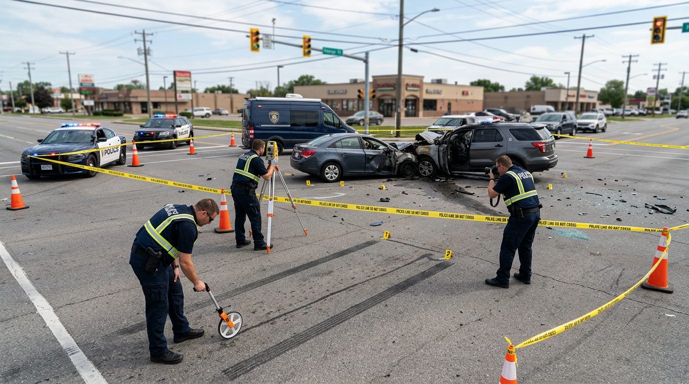 Forensic team documenting skid marks and vehicle positions at accident scene with caution tape.