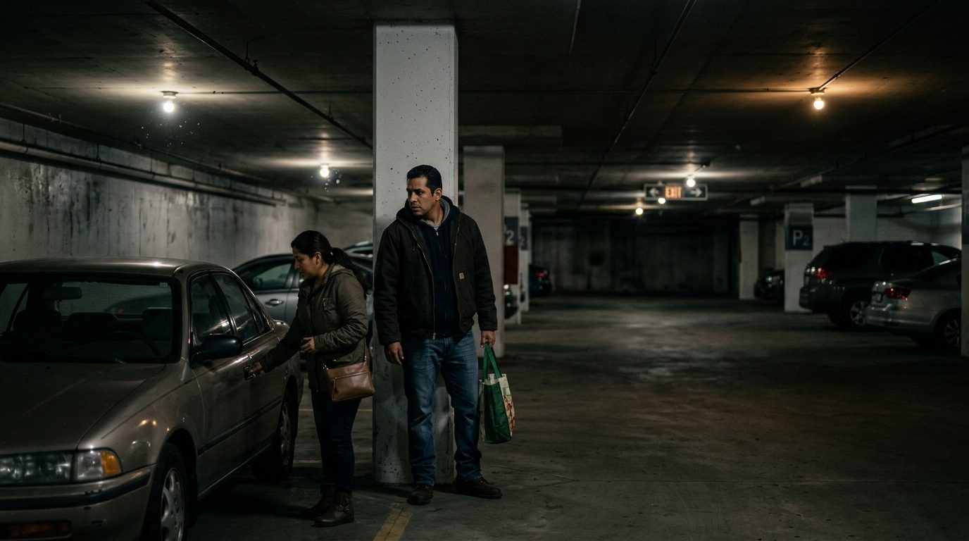 Garaje de estacionamiento oscuro y mal iluminado de noche mostrando seguridad deficiente.