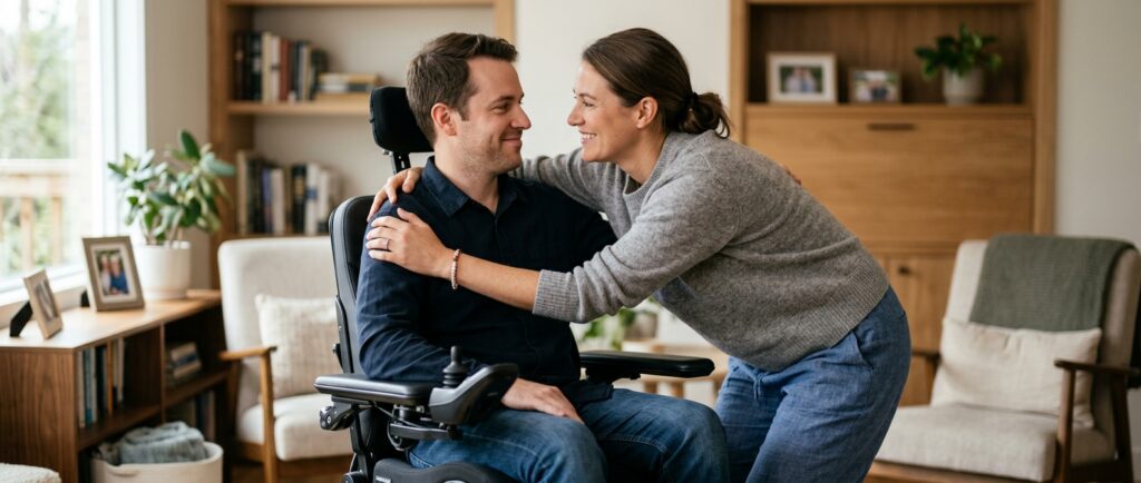 Family member tenderly supporting a loved one using a power wheelchair at home.