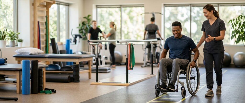 Young adult in a wheelchair working with a physical therapist in a spinal-cord-injury rehabilitation gym.