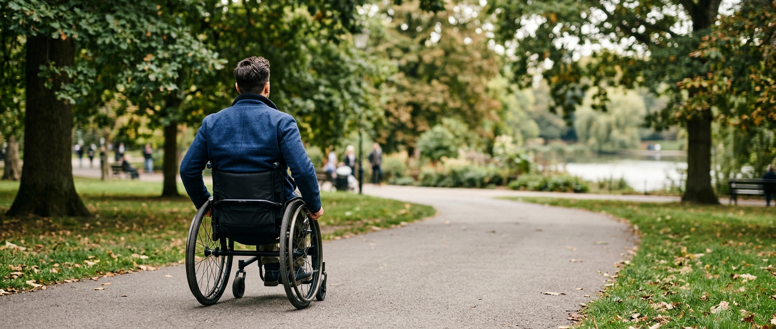 Man in a wheelchair wearing a blue jacket, viewed from behind in a public park.