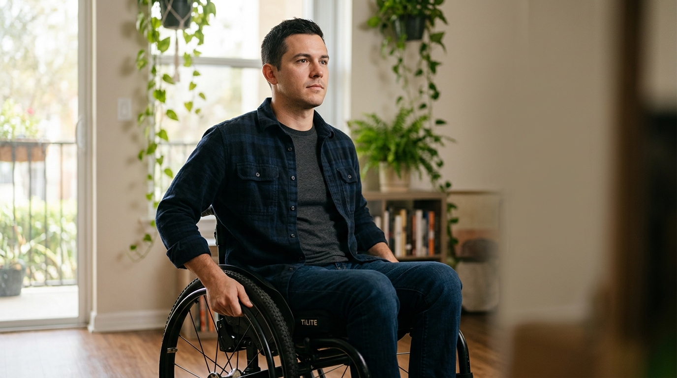 Person using a wheelchair looking forward with quiet resolve after a catastrophic spinal injury.