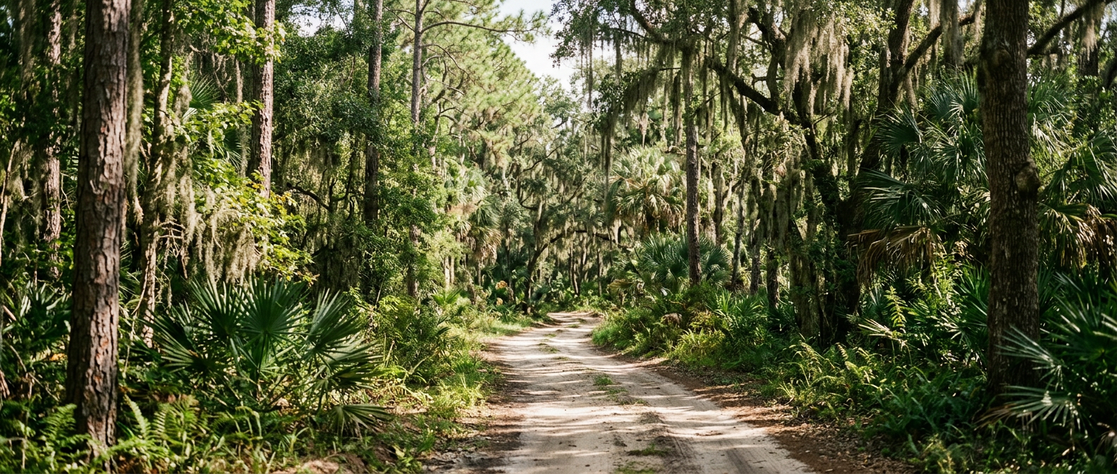 Sunlit dirt road winding through a dense Florida forest with lush greenery and towering trees.