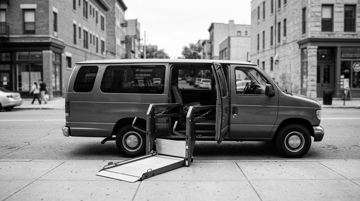 Wheelchair-accessible van with deployed lift parked on an urban street, in black and white.