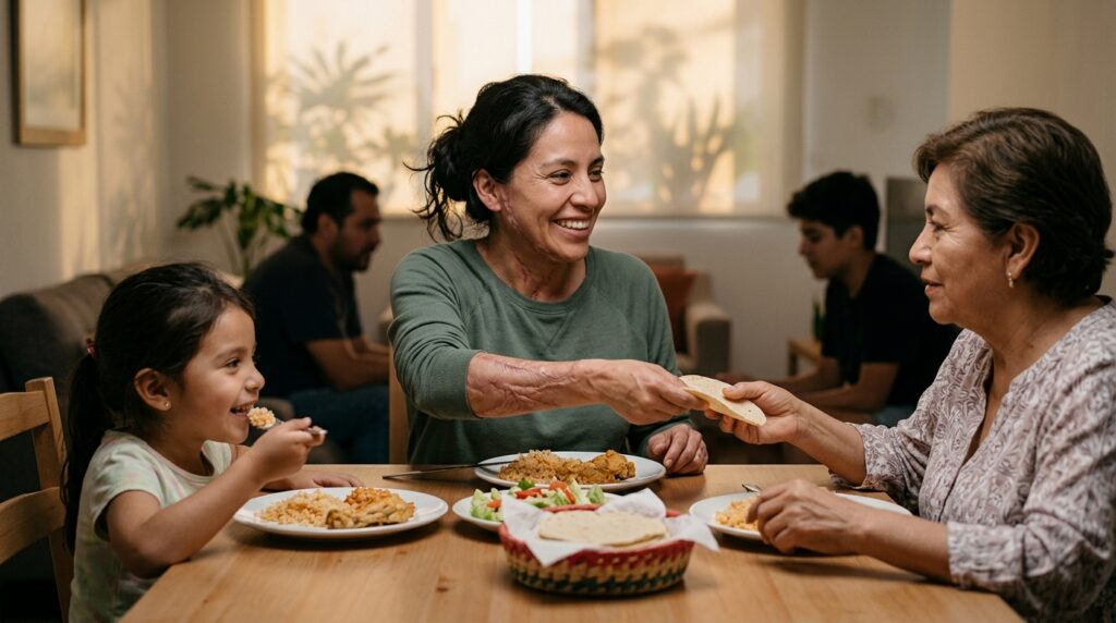Familia hispana reunida en casa mientras un sobreviviente de quemaduras regresa a su rutina diaria tras recuperarse.