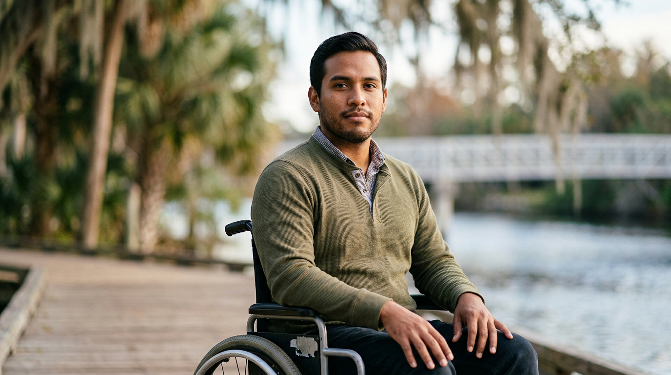 Hispanic man in a wheelchair looking forward with quiet resolve after a catastrophic spinal injury.