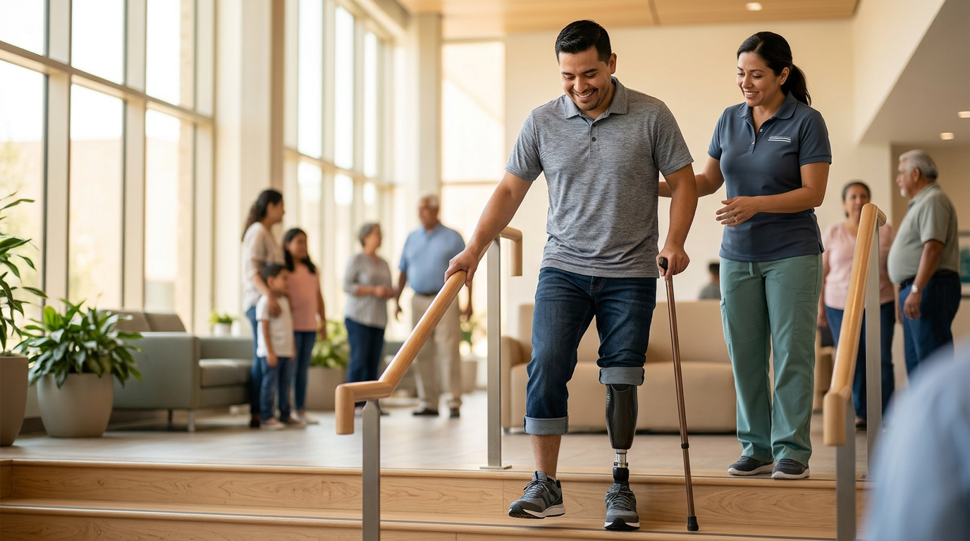 Hispanic man with a prosthetic leg practicing walking to rebuild his daily independence after amputation.