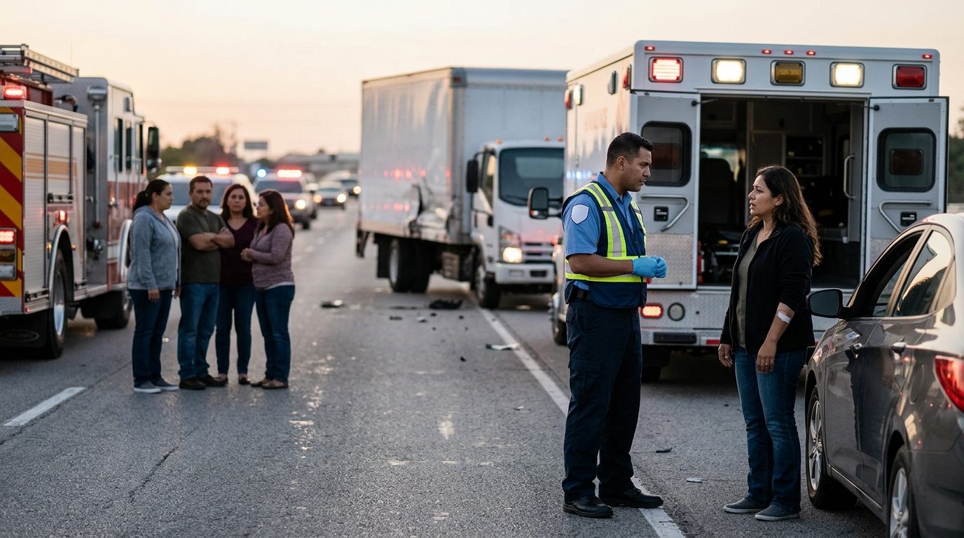 Hombre con dolor de espalda tras accidente vehicular en carretera.
