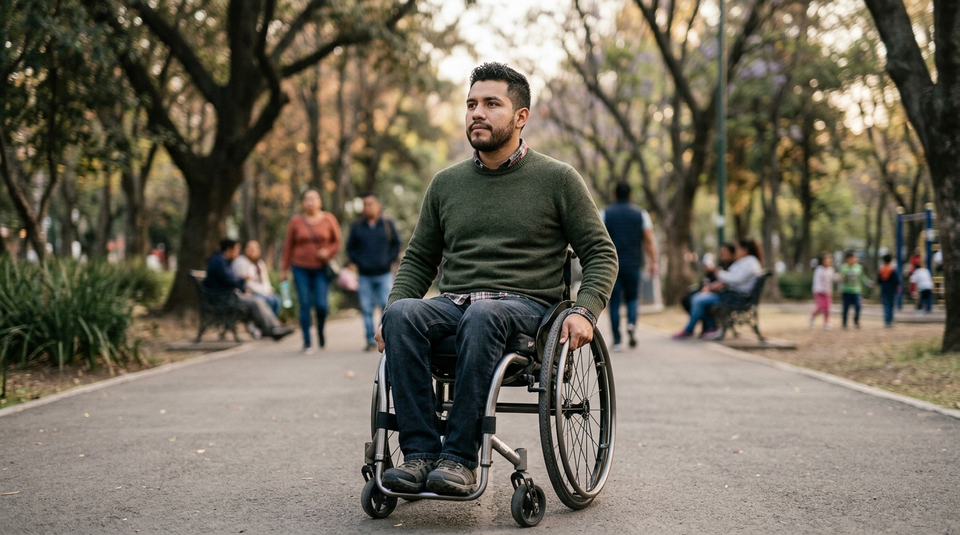 Hombre hispano en silla de ruedas mira al frente con determinación tras una lesión de médula espinal.