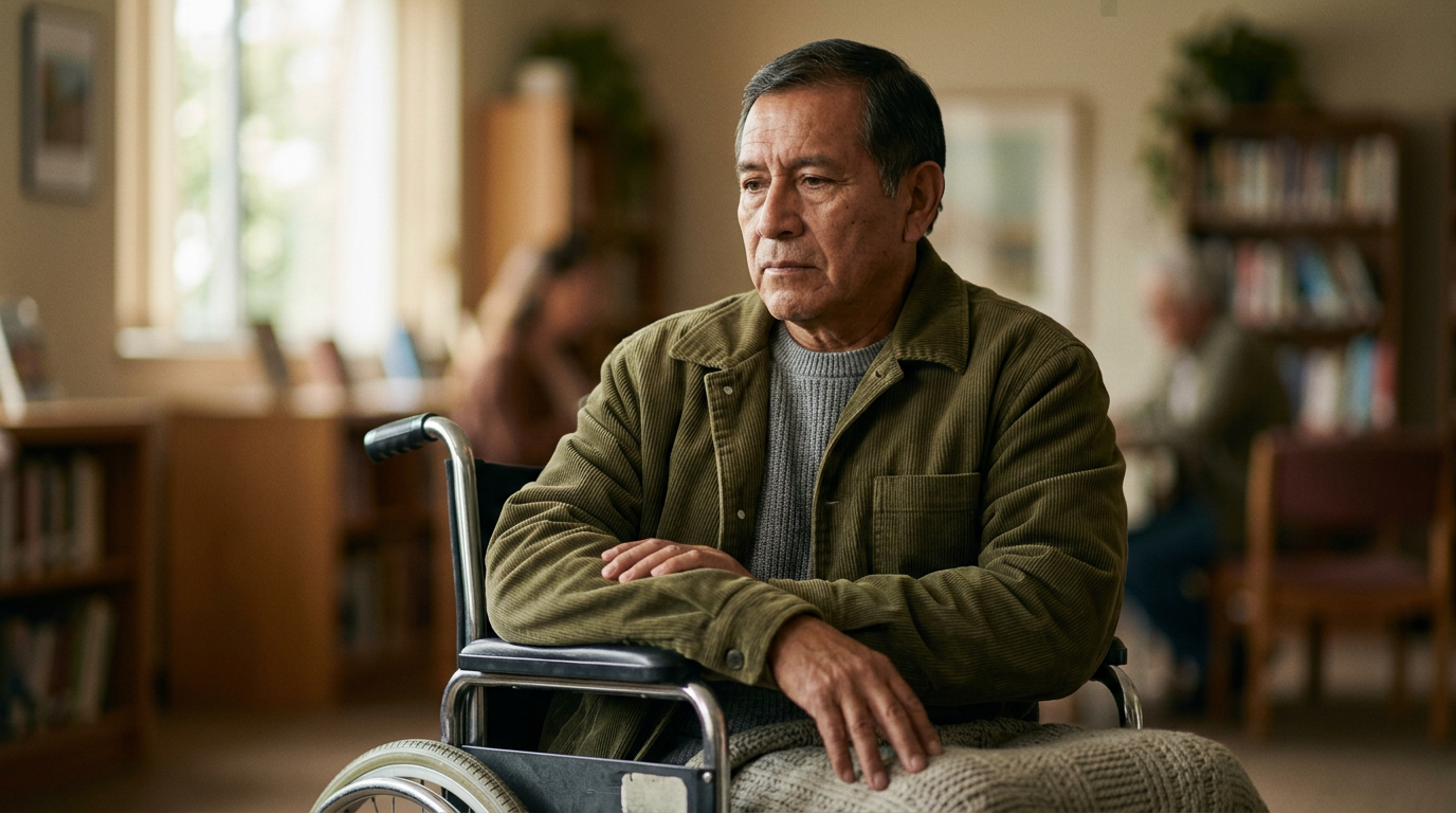 Hombre hispano en silla de ruedas mira al frente con expresión de serena determinación.