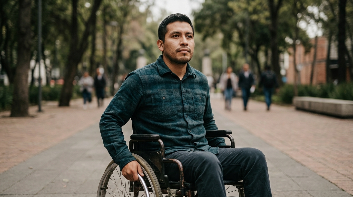 Hombre hispano en silla de ruedas mira al frente con serena determinación tras una lesión medular.
