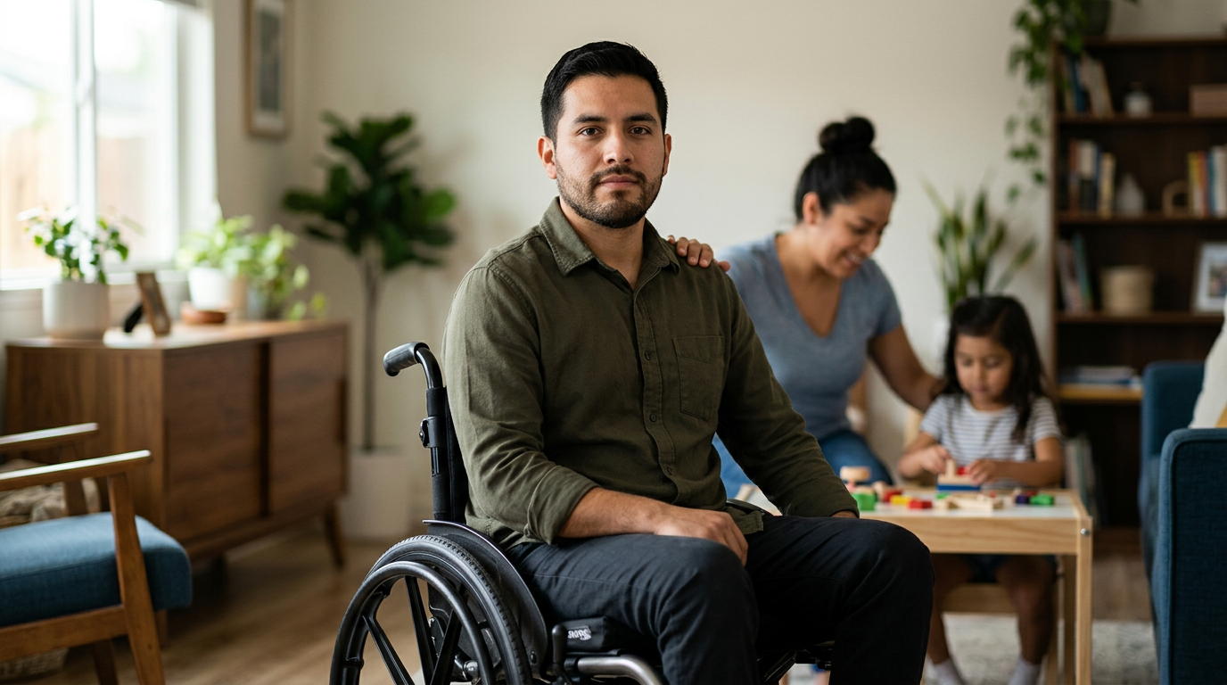 Hombre latino en silla de ruedas mira al frente con expresión de serena determinación.