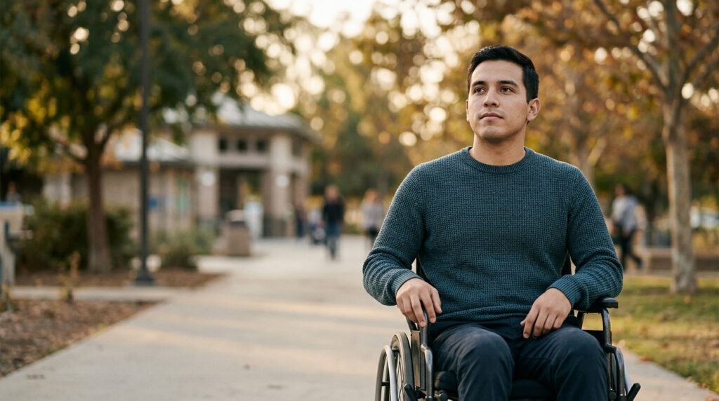 a person who uses a wheelchair looking forward with quiet resolve, catastrophic spinal injury, featuring Hispanic and Latino people