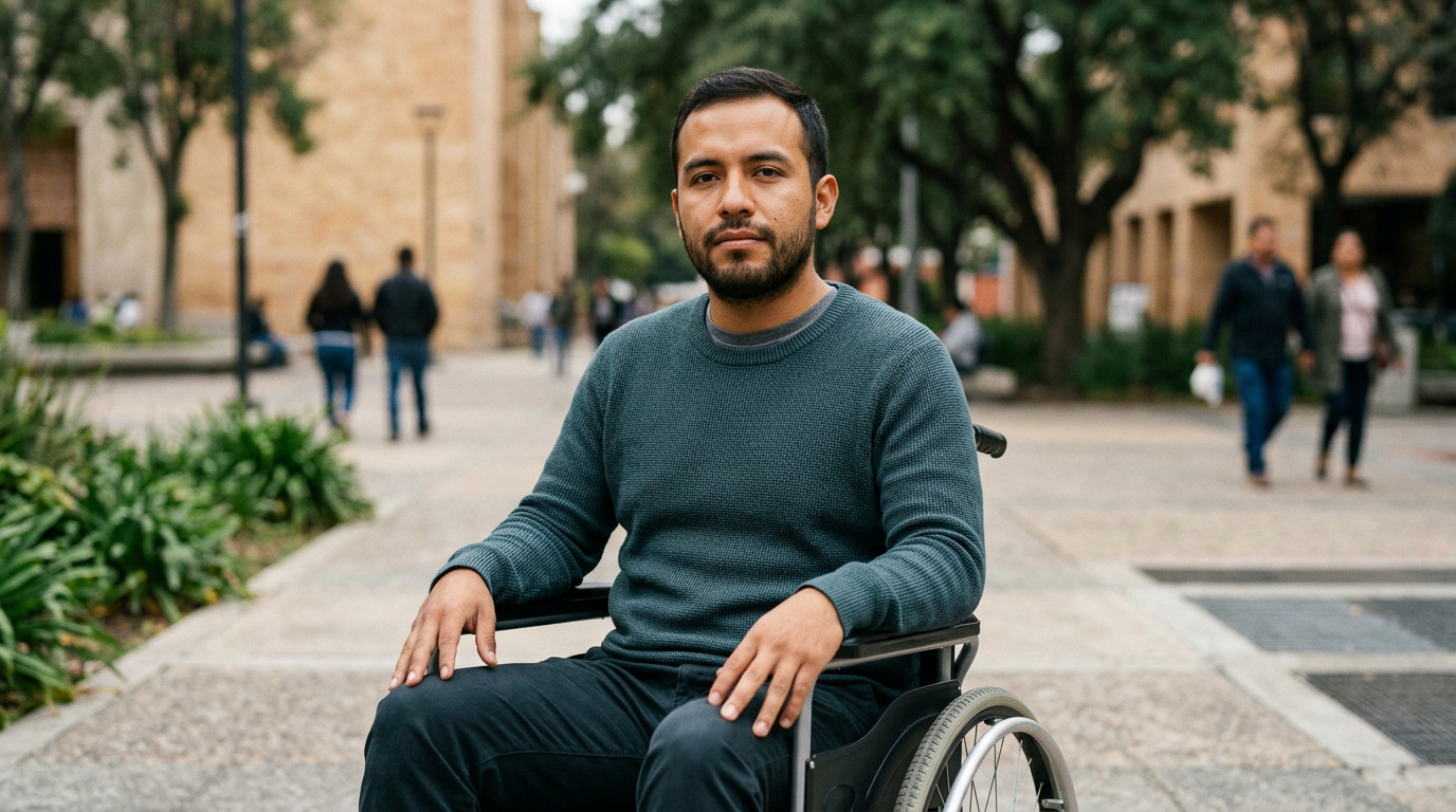 Hombre latino en silla de ruedas mira al frente con serena determinación tras lesión medular.