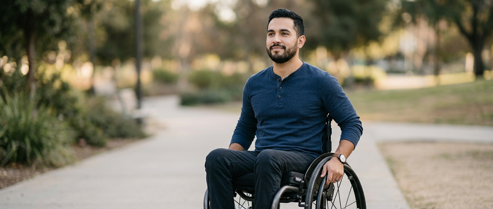 Hombre latino en silla de ruedas mira hacia adelante con expresión de serena determinación.