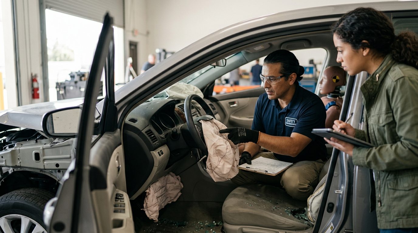 Ingeniero de seguridad automotriz inspecciona airbag desplegado y columna de dirección dañada en vehículo de prueba.