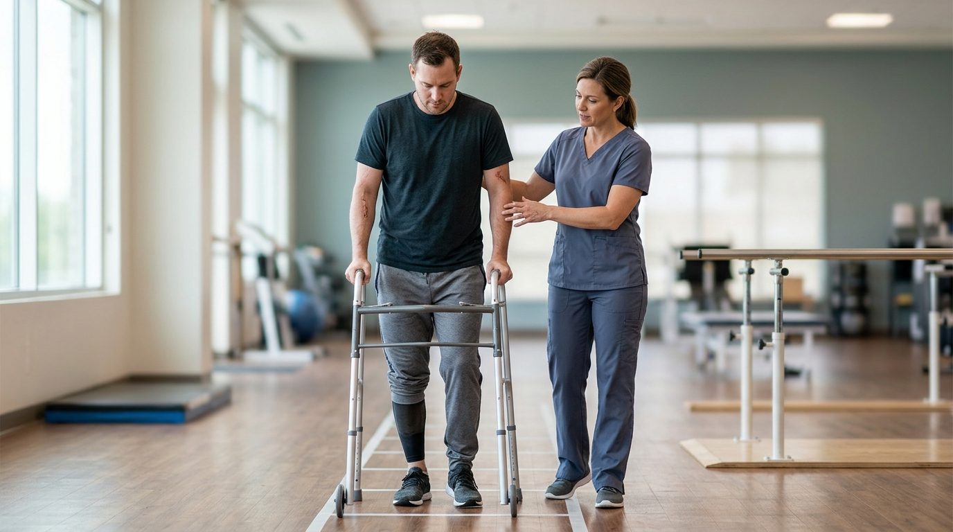 Injured person working with physical therapist on mobility exercises in rehabilitation facility.