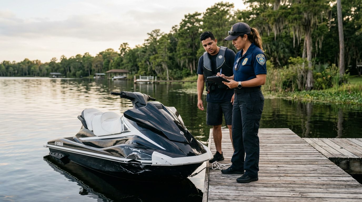 Investigador documentando daños en jet ski junto a muelle en lago tranquilo.