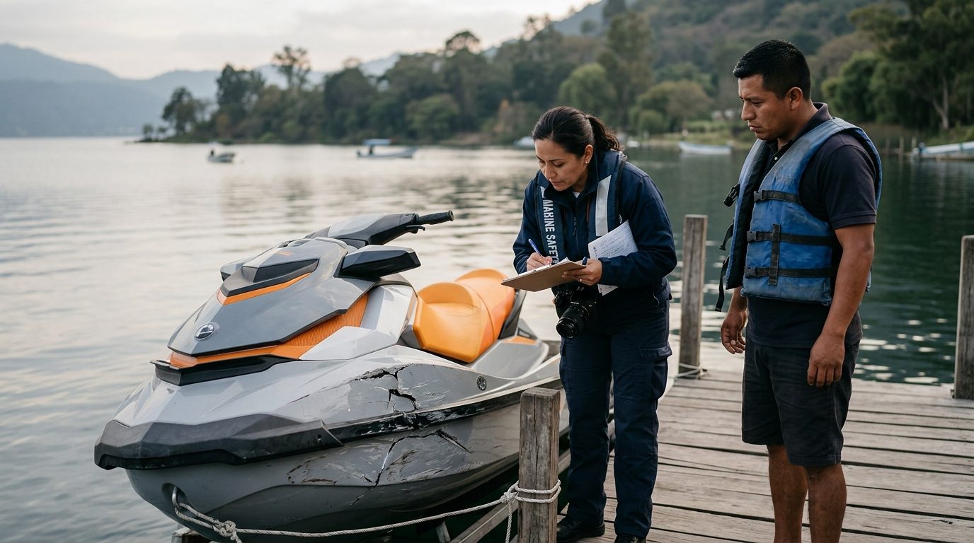 Investigador documentando jet ski dañado en muelle junto a lago tranquilo.