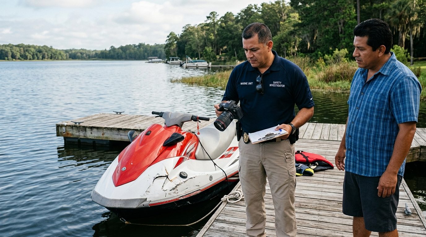 Investigador documentando moto acuática dañada en muelle junto a lago tranquilo.