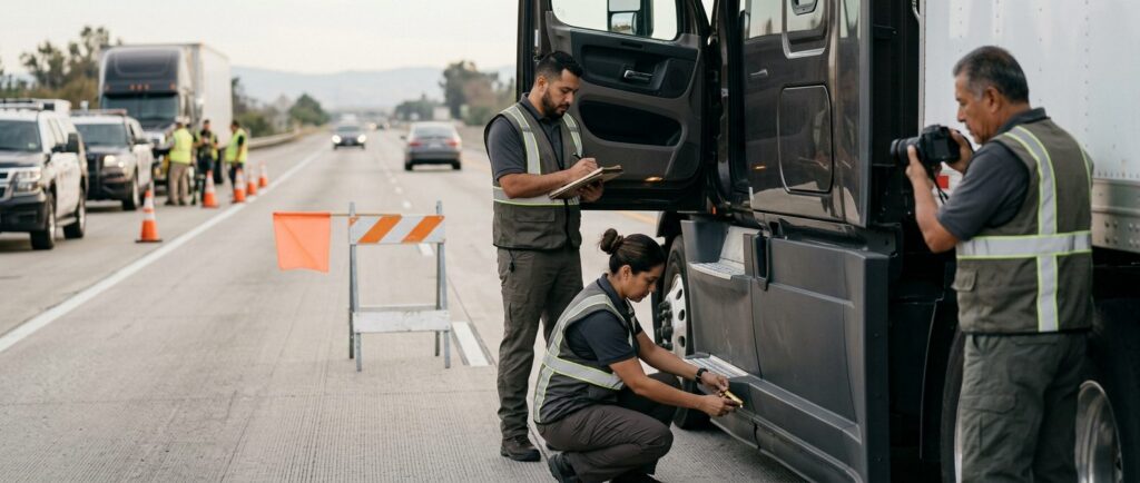 Investigadores documentan accidente entre vehículos en carretera cerrada.