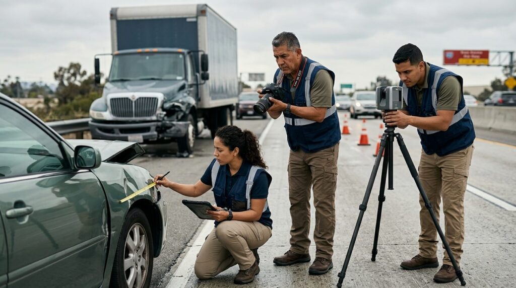 Investigadores documentan accidente vehicular en carretera cerrada.