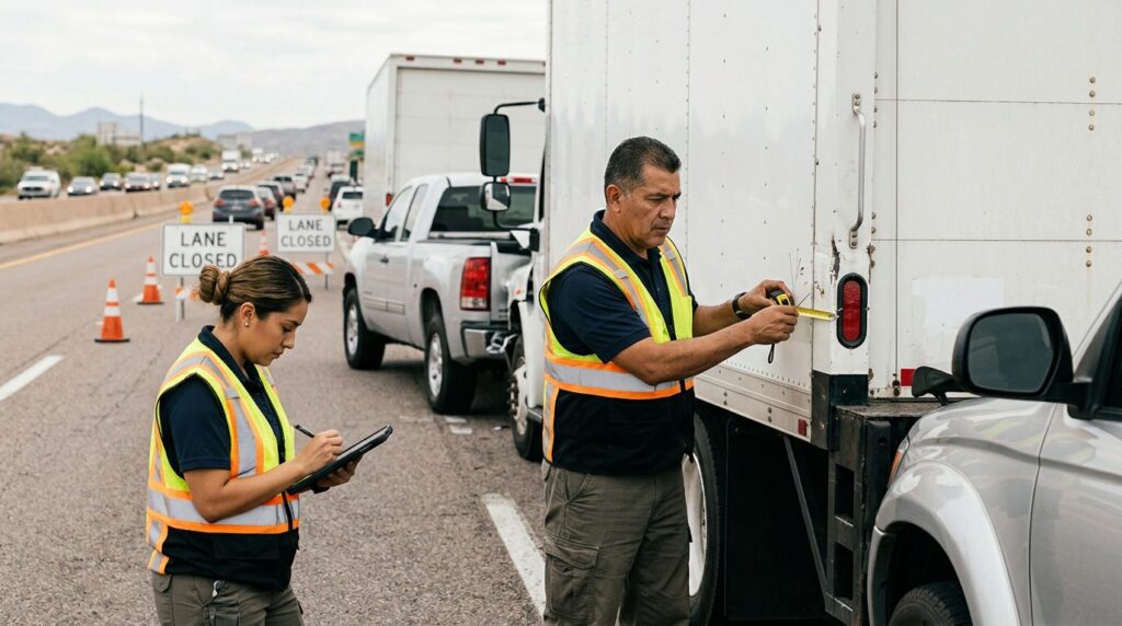 Investigadores documentan accidente vehicular en carretera cerrada con personal diverso.