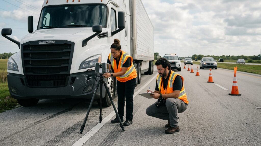 Investigadores documentan accidente vehicular en carretera cerrada con personal hispano.