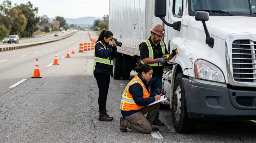 Investigadores documentan colisión de camión comercial en carretera cerrada.