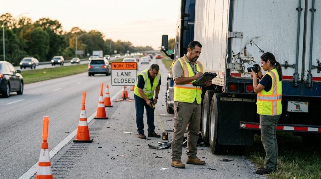 Investigadores documentan colisión de camión comercial en carretera cerrada.