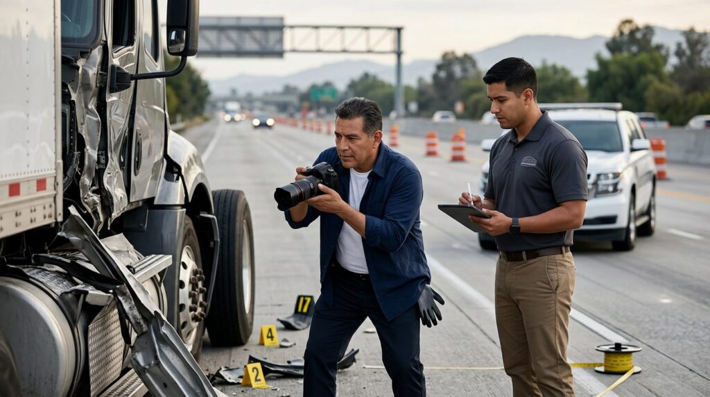 Investigadores documentan colisión de camión comercial en carretera cerrada.