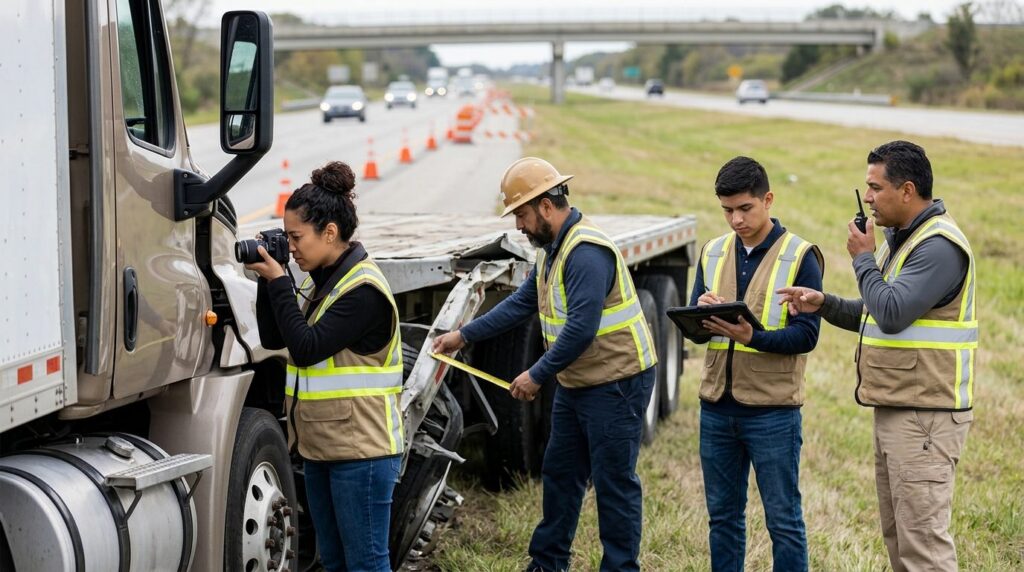 Investigadores documentan colisión de camión comercial en carretera cerrada.