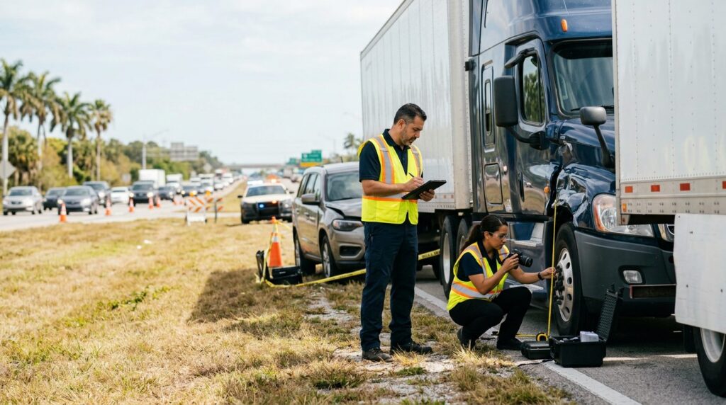 Investigadores documentan colisión de camión comercial en carretera cerrada con personas hispanas.