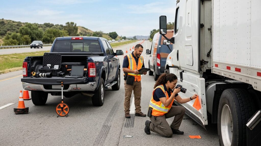 Investigadores documentan colisión de camión comercial en carretera cerrada.