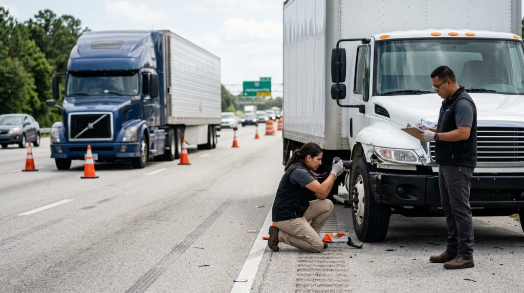 Investigadores documentan colisión de camión comercial en carretera cerrada junto a vehículos.