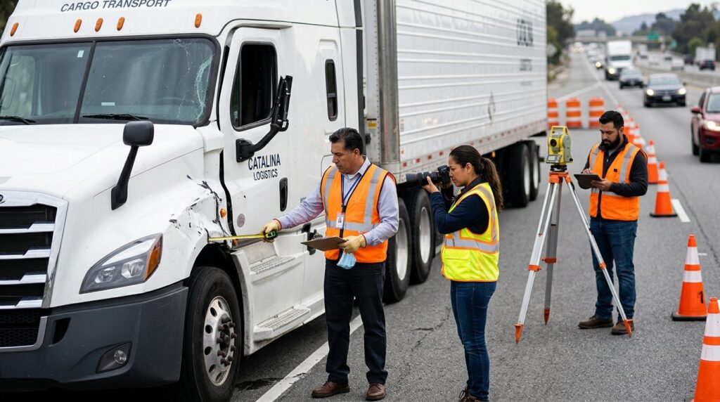 Investigadores documentan colisión de camión comercial en carretera cerrada.