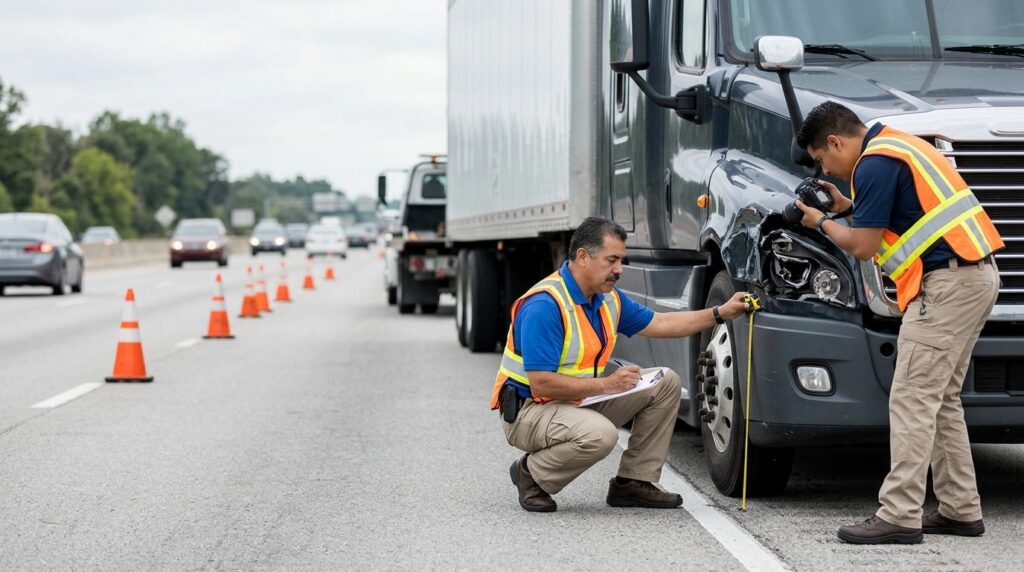 Investigadores documentan colisión de camión comercial en carretera cerrada.