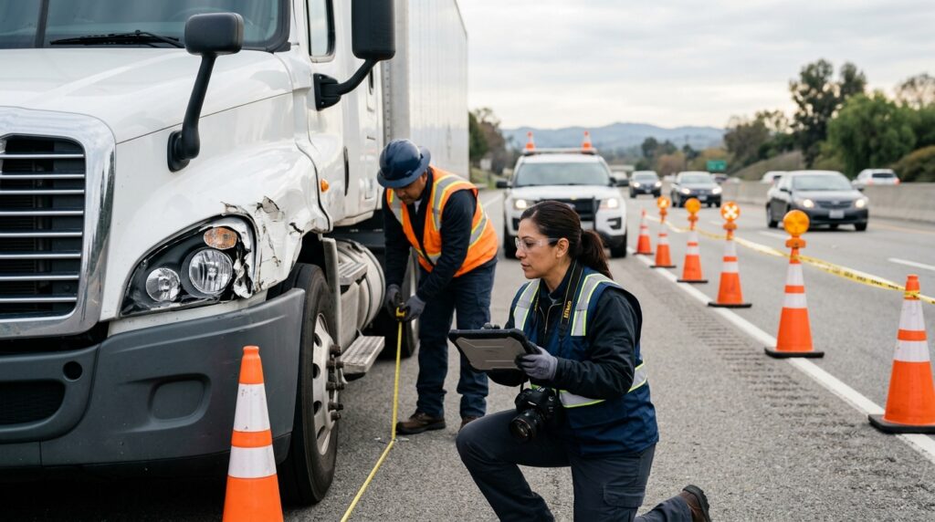 Investigadores documentan colisión de camión comercial junto a carril de autopista cerrado.