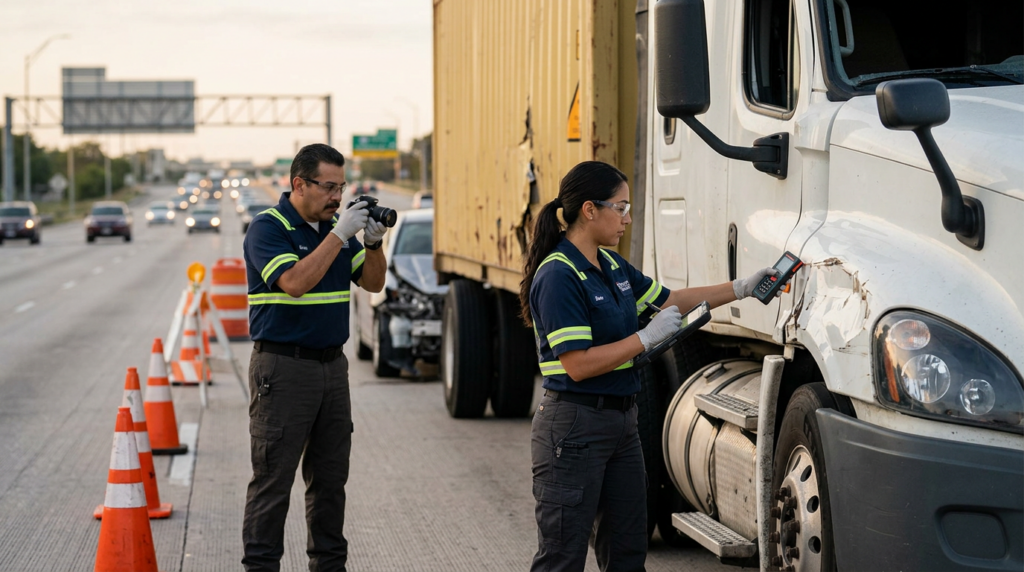 Investigadores documentan colisión de camión comercial junto a un carril de autopista cerrado.