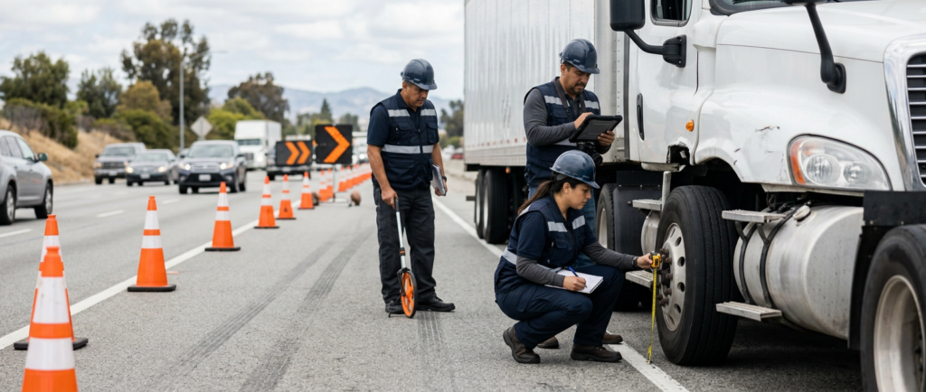 Investigadores documentan colisión de camión comercial junto a un carril de autopista cerrado.