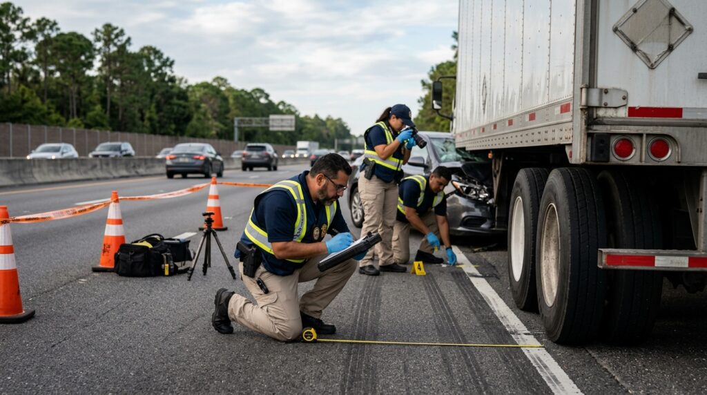 Investigadores documentan colisión de camión comercial junto a carril de autopista cerrado en Florida.