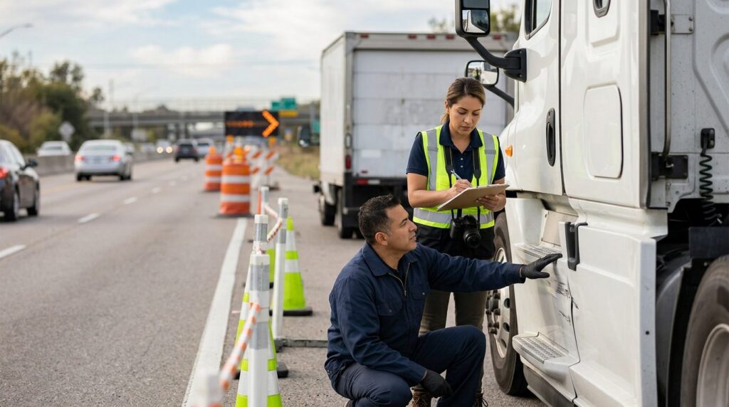 Investigadores documentan colisión de camiones comerciales en carretera cerrada.