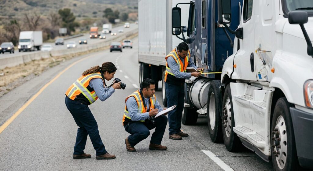 Investigadores documentan colisión de camiones comerciales en carretera cerrada.