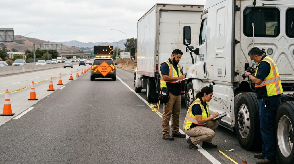 Investigadores documentan colisión de camiones comerciales en carretera cerrada.
