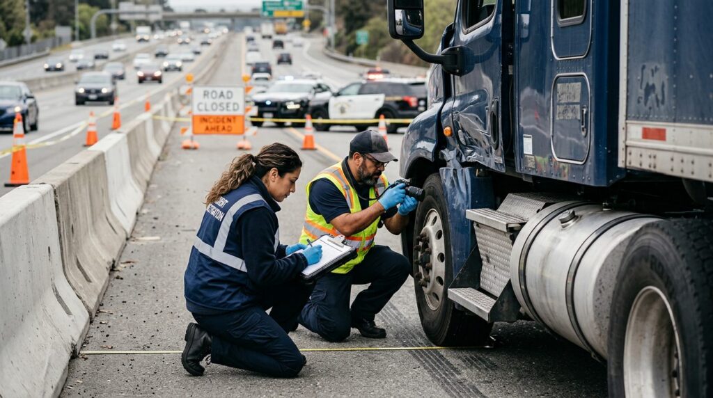 Investigadores documentan colisión de camiones en carretera cerrada.