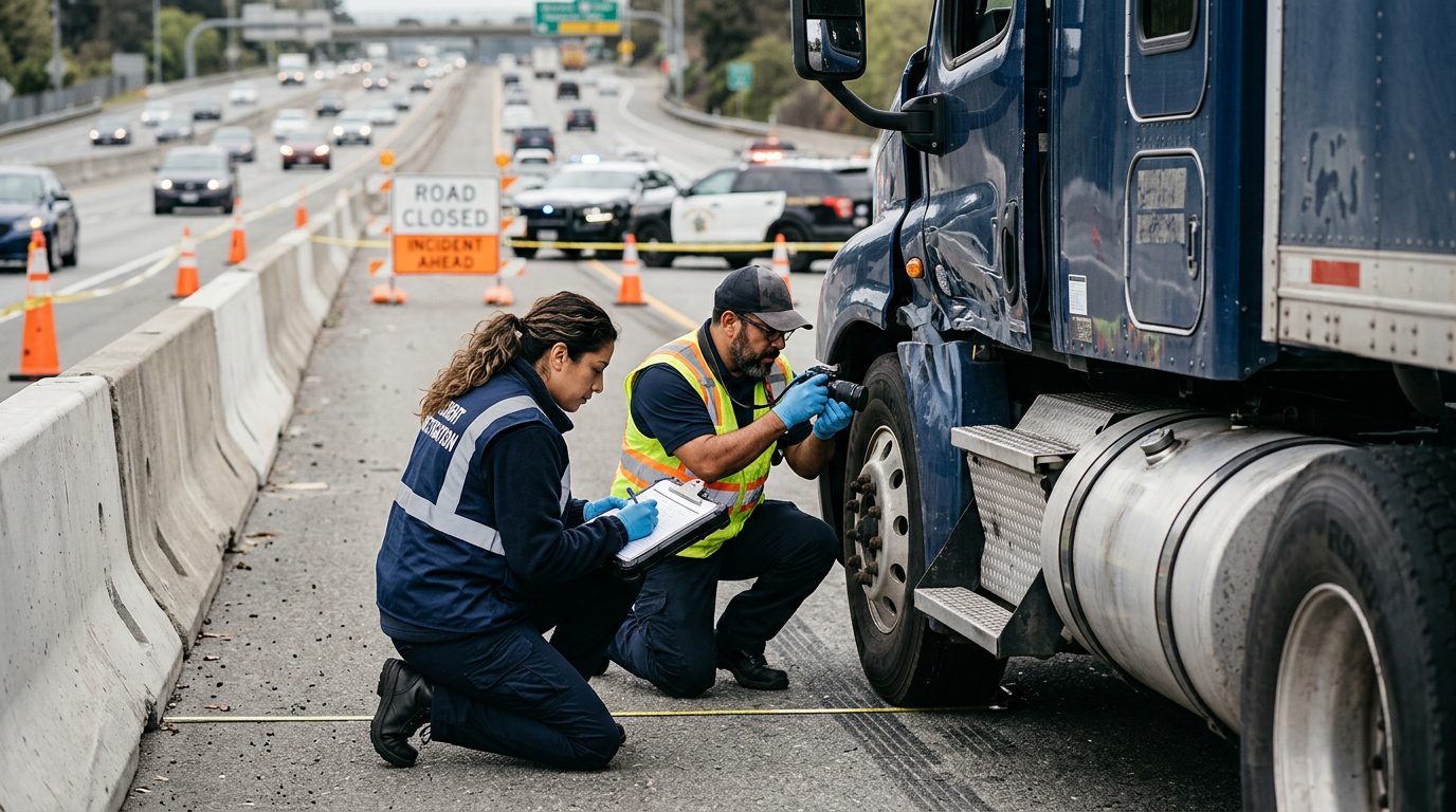 Investigadores documentan colisión de camiones en carretera cerrada.