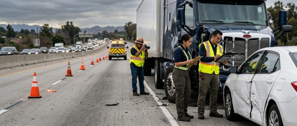 Investigadores documentan colisión de camiones en carretera cerrada con personal hispano.