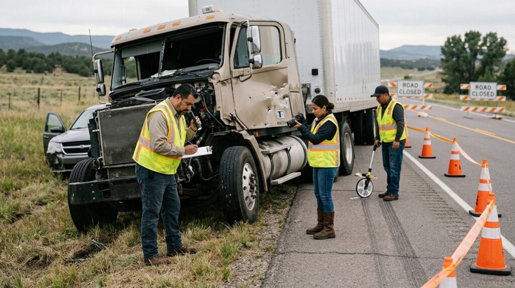 Investigadores documentan colisión de camiones en carretera cerrada.