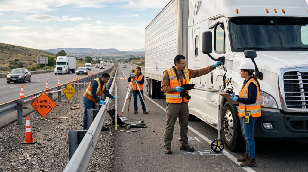 Investigadores documentan colisión de camiones en carretera cerrada.
